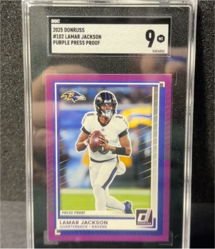 2025 Donruss #102 Lamar Jackson Press Proof Purple — front