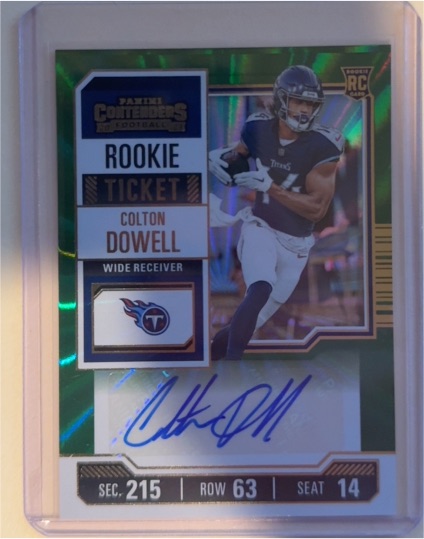 2023 Panini Contenders #159 Colton Dowell Rookie Ticket Green Laser Auto — front