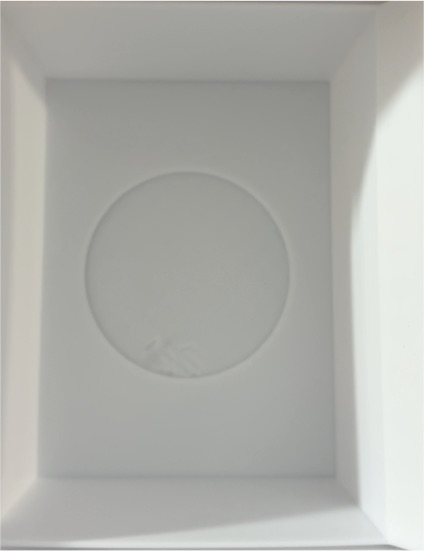 White square box with round indentation insert — front