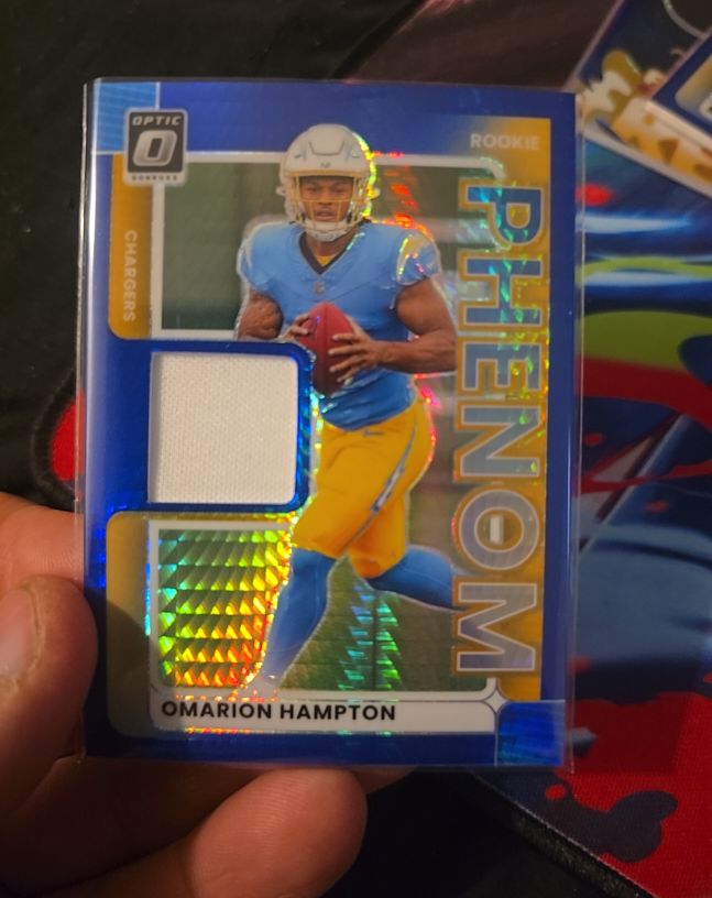 2025 Panini Donruss Optic Rookie Phenom Blue Hyper Prizm Patch #RPJ-OHN Omarion Hampton — front