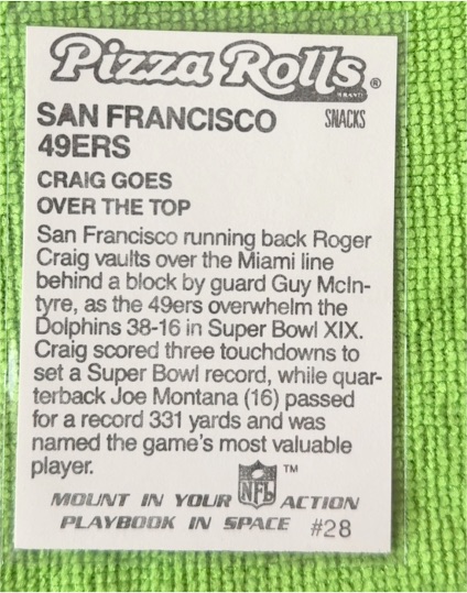 1985 Pizza Rolls #28 Roger Craig — front