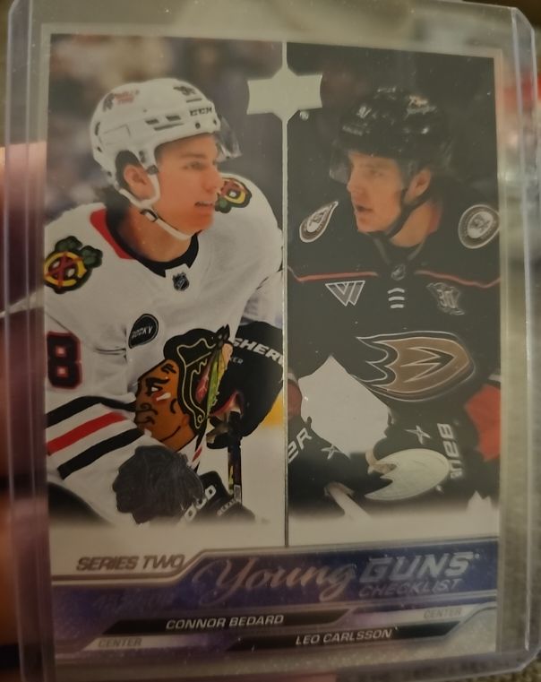 2023-24 Upper Deck Series 2 #500 Connor Bedard & Leo Carlsson Young Guns Checklist — front
