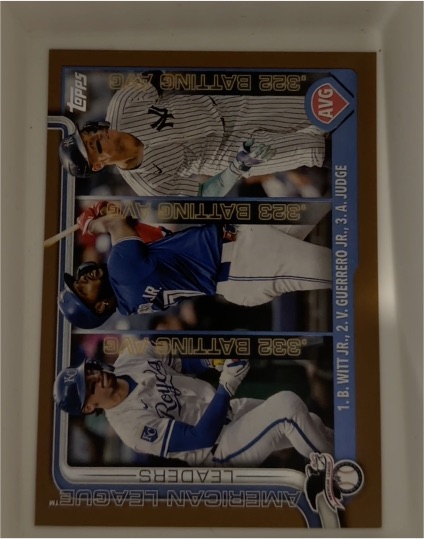 2025 Topps Series 1 #345 American League Batting Average Leaders Aaron Judge, Vladimir Guerrero Jr., Bobby Witt Jr. — front