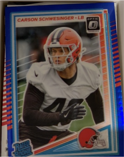 2025 Panini Donruss Optic #392 Carson Schwesinger Rated Rookie Optic Preview Blue Scope — front