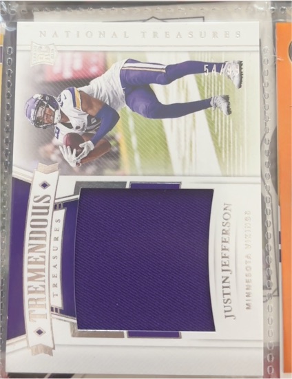 2020 Panini National Treasures Tremendous Treasures Patch Justin Jefferson #/49 — front