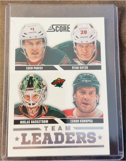 2013-14 Score #564 Zach Parise Ryan Suter Niklas Backstrom Zenon Konopka — front