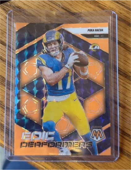 2025 Panini Mosaic #7 Puka Nacua Epic Performers Orange Fluorescent Prizm — front