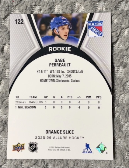 2025-26 Upper Deck Allure #122 Gabe Perreault Orange Slice Rookie — front