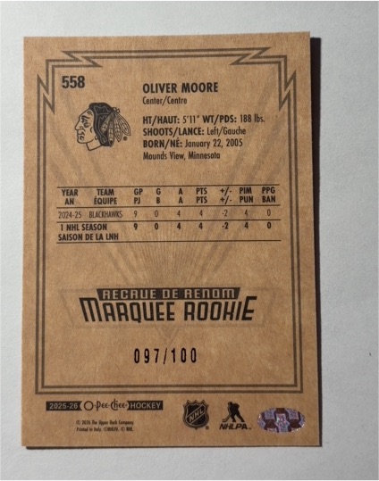 2025-26 O-Pee-Chee #558 Oliver Moore — front