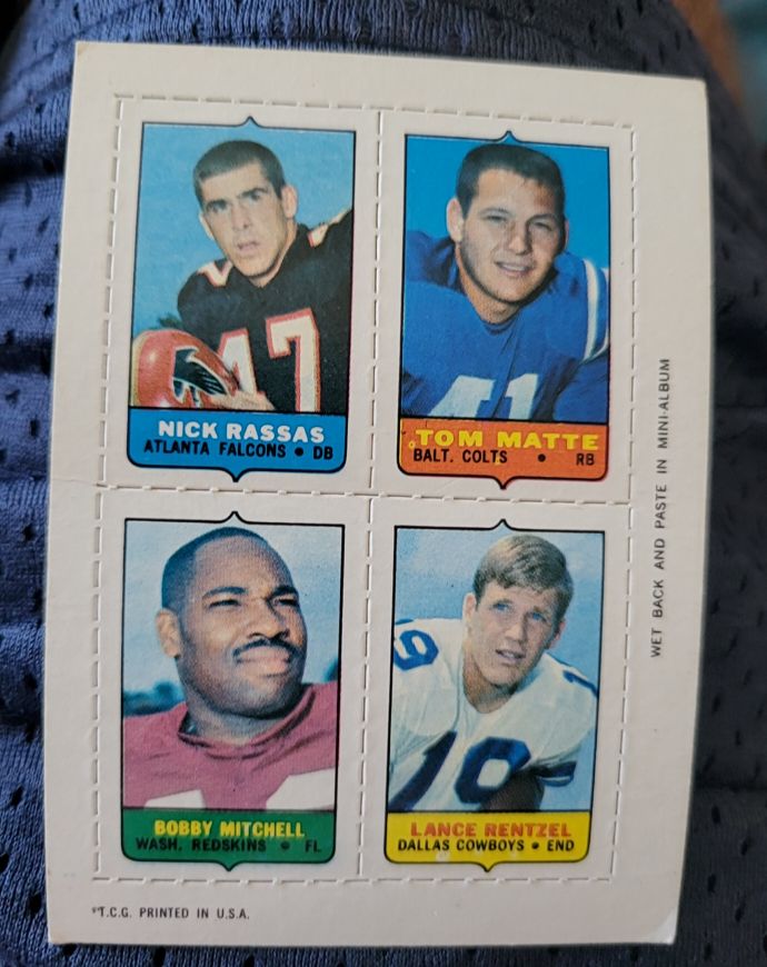 1969 Topps Football 4 in 1 Nick Rassas Tom Matte Bobby Mitchell Lance Rentzel — front