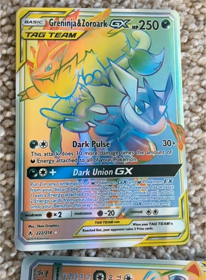 2019 Pokémon Sun & Moon Unbroken Bonds #222 Greninja & Zoroark GX Secret Rare — front