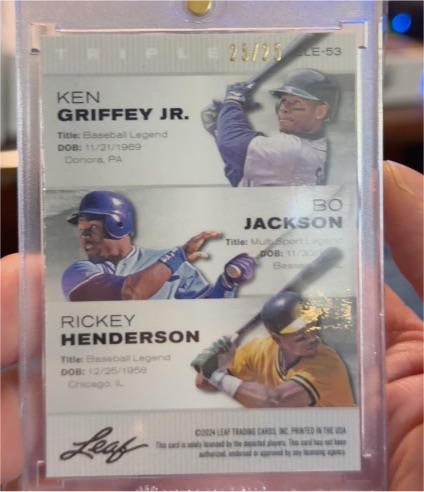 2024 Leaf Legends Triple #ELE-53 Ken Griffey Jr. Bo Jackson Rickey Henderson — front