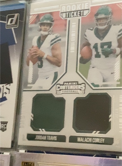 2024 Panini Contenders #DS-1 Jordan Travis / Malachi Corley Rookie Ticket RC Dual Patch — front