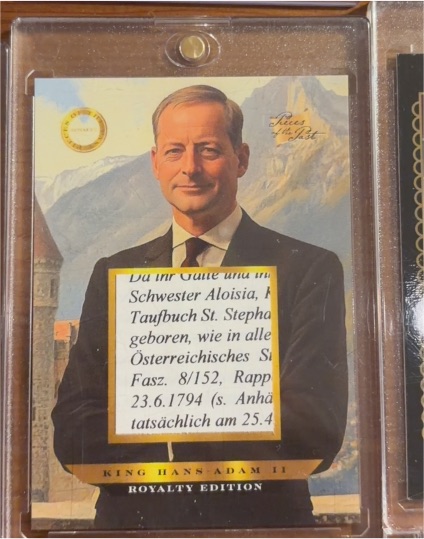 2025 Pieces of the Past Royalty Edition King Hans Adam II Relic #813 — front