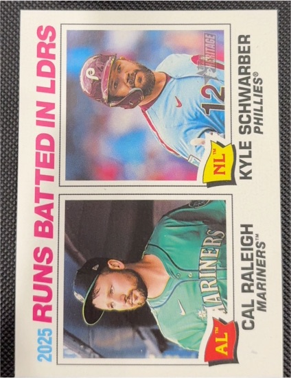 2026 Topps Heritage #3 2025 Runs Batted In LDRS Cal Raleigh Kyle Schwarber — front