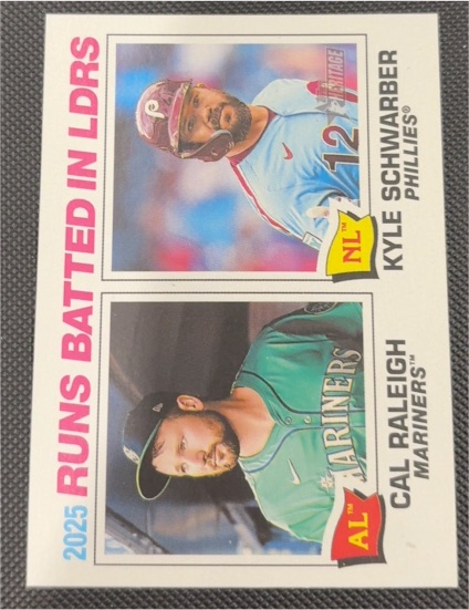 2026 Topps Heritage #3 2025 Runs Batted In Leaders Kyle Schwarber Cal Raleigh — front