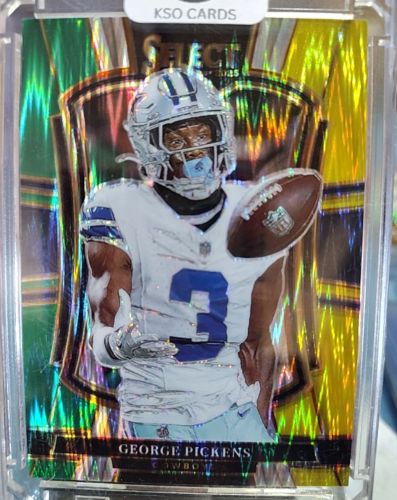 2025 Panini Select #197 George Pickens Premier Level Green & Yellow Shock Prizm Cowboys — front