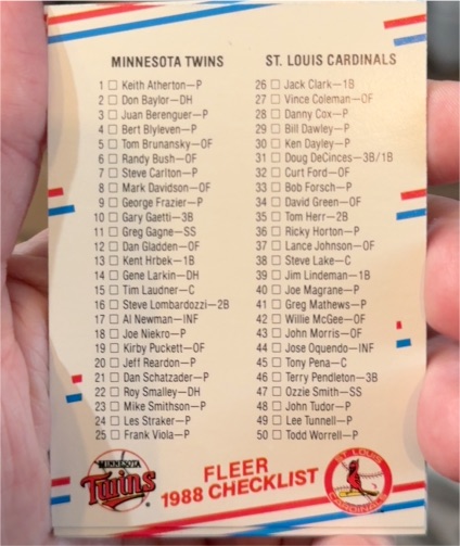 1988 Fleer #654 Checklist Twins / Cardinals / Tigers / Giants — front