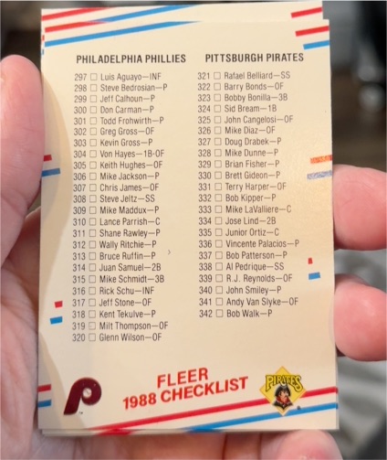 1988 Fleer #657 Checklist Phillies / Pirates / Red Sox / Mariners — front
