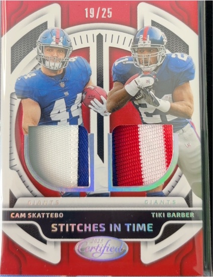2025 Panini Certified Stitches in Time #SITD Cam Skattebo Tiki Barber — front