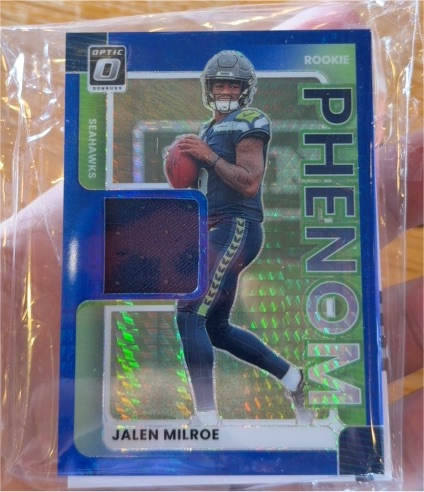 2025 Donruss Optic #RPBH-JME Jalen Milroe Rookie Phenoms Blue Hyper Prizm Patch — front