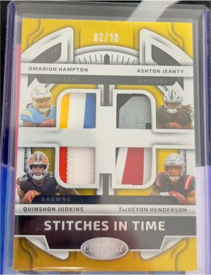 2025 Panini Certified Stitches In Time Quad #Stitches In Time Omarion Hampton Ashton Jeanty Quinshon Judkins TreVeyon Henderson — front