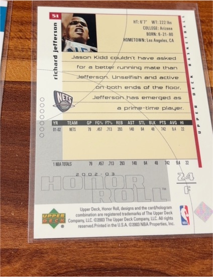 2002 Upper Deck Honor Roll #24 Richard Jefferson — front