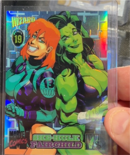 1997 Fleer/Skybox Marvel/Wildstorm Wizard She-Hulk/Fairchild Foil Promo Card #19 — front