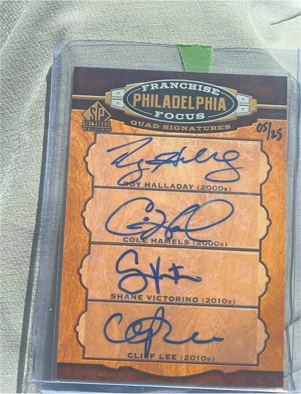 2012 Upper Deck SP Signature Edition Franchise Philadelphia Focus Quad Signatures #05/25 Roy Halladay Cole Hamels Shane Victorino Cliff Lee — front