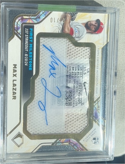 2024 Topps Inception First Milestones Autograph Relic Max Lazar #1st Strikeout 81/024 — front