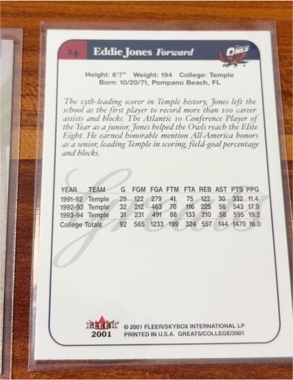 2001 Fleer Greats of the Game #24 Eddie Jones — front
