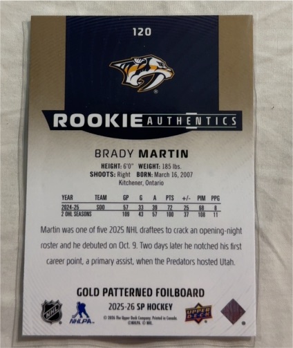 2025-26 Upper Deck SP Hockey Rookie Authentics #120 Brady Martin — front