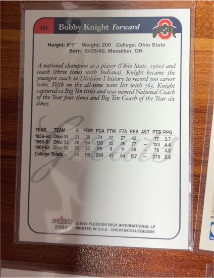 2001 Fleer Greats of the Game #10 Bobby Knight — front