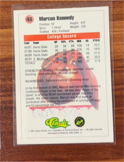 1991 Classic Draft Picks #43 Marcus Kennedy — front