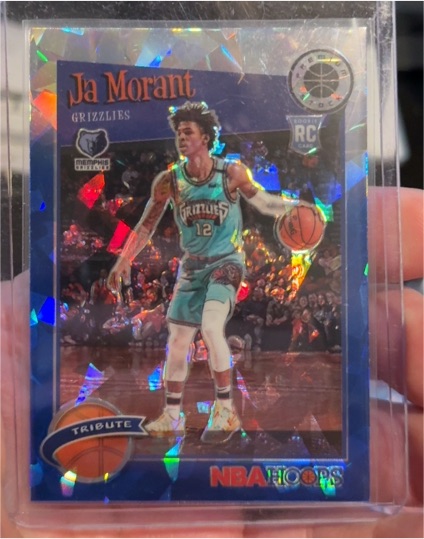 2019-20 Panini NBA Hoops Premium Stock #297 Ja Morant Tribute Blue Cracked Ice Rookie — front