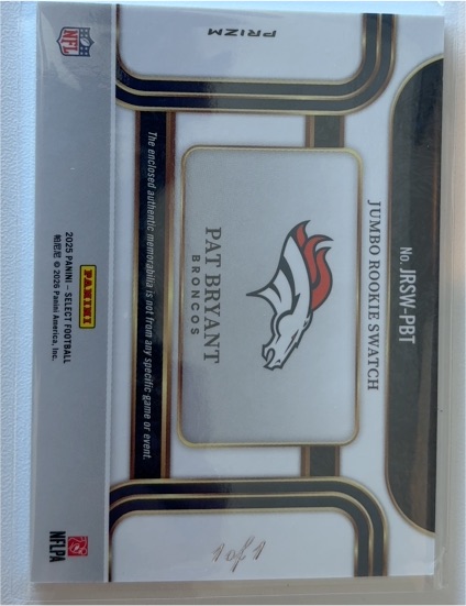 2025 Panini National Treasures Jumbo Rookie Swatch #JRSW-PBT Pat Bryant — front