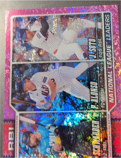 2026 Topps Series 1 #11 National League RBI Leaders Kyle Schwarber, Pete Alonso, Juan Soto — front
