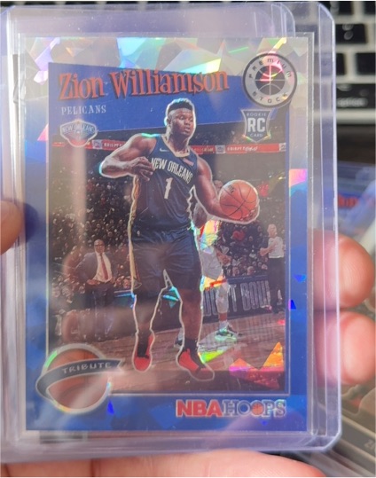 2019-20 Panini NBA Hoops Premium Stock #296 Zion Williamson Tribute Blue Cracked Ice Prizm Rookie — front