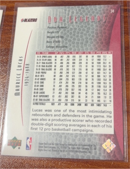 2000-01 Upper Deck NBA Legends #34 Maurice Lucas — front