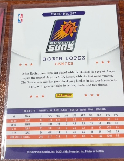 2012-13 NBA Hoops #207 Robin Lopez — front