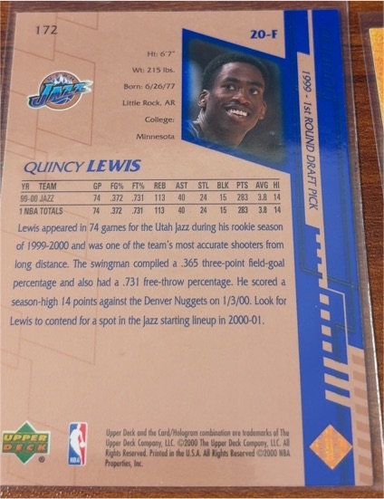 2000 Upper Deck Quincy Lewis #20-F Utah Jazz — front