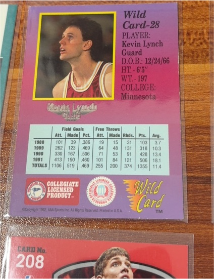 1991 Wild Card #28 Kevin Lynch Minnesota Golden Gophers — front