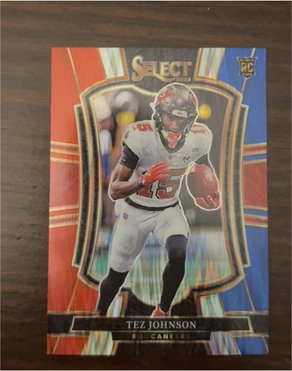 2025 Panini Select #138 Tez Johnson Premier Level Red & Blue Shock Prizm Rookie — front