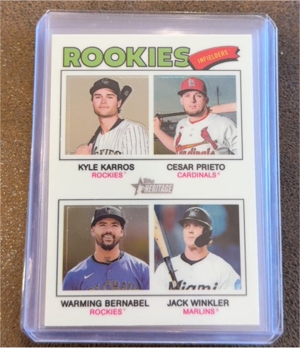 2026 Topps Heritage #394 Rookie Infielders Kyle Karros Cesar Prieto Warming Bernabel Jack Winkler — front