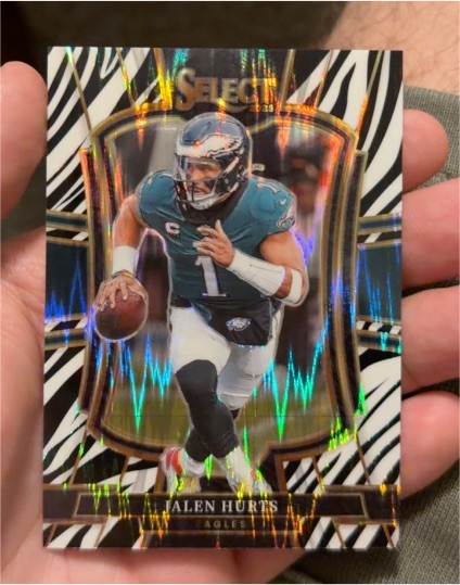 2025 Panini Select #190 Jalen Hurts Premier Level Zebra Shock Prizm — front