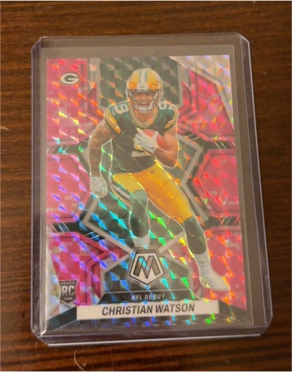 2022 Panini Mosaic #281 Christian Watson NFL Debut Pink Camo Prizm Rookie — front