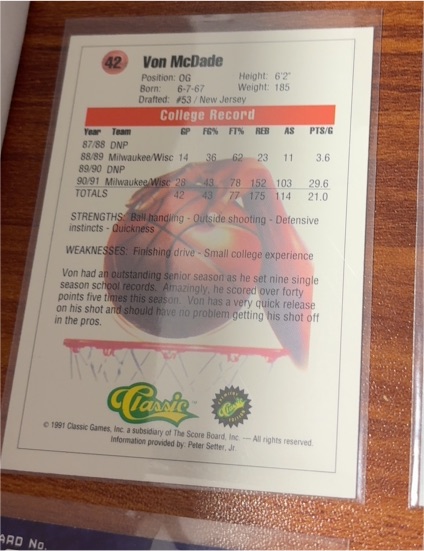 1991 Classic Draft Picks #42 Von McDade — front