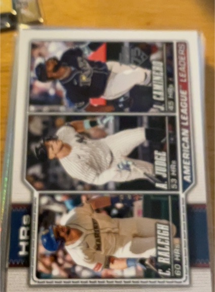 2026 Topps #38 American League Leaders HRs Aaron Judge / Junior Caminero / Cal Raleigh — front