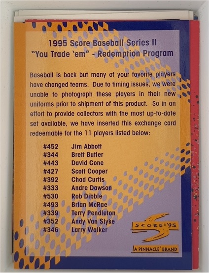 1995 Score Baseball Series II 'You Trade Em' Redemption Card — front