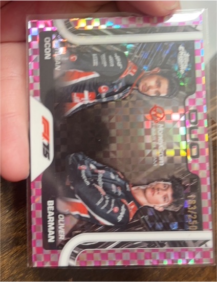 2025 Topps Chrome Formula 1 #170 Esteban Ocon / Oliver Bearman Pink Checker Flag Refractor — front